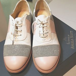 Angela Scott ,never worn, rose pink, pale beige, gold metallic,.hard soles